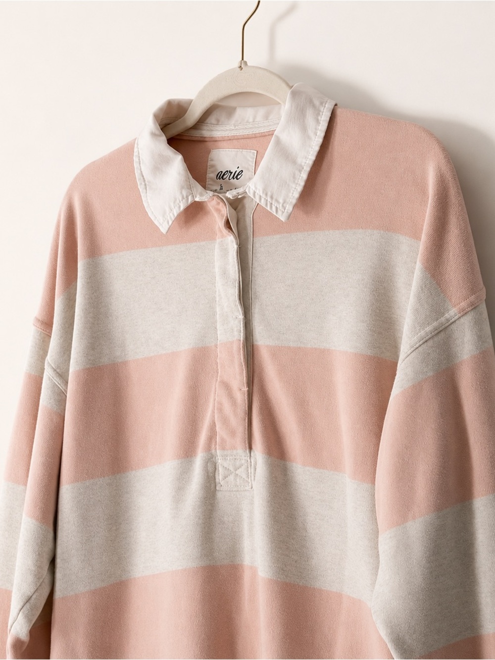 Aerie Oversized Rugby Sweatshirt Pink Ivory Stripe Collared Pullover M - Picture 3 of 7